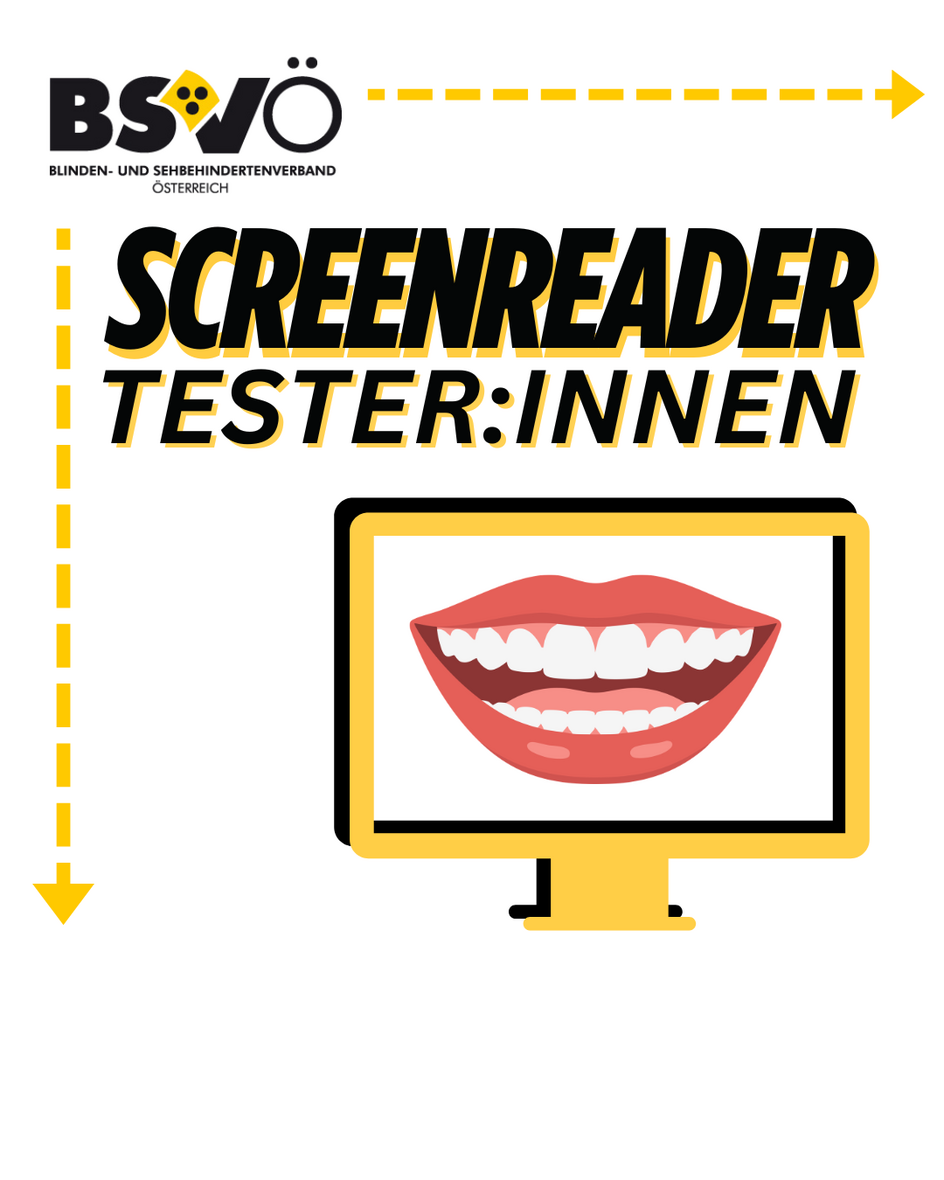 Screenreader Tester:innen. Logo und Grafik eines Bildschirms mit einem zum Sprechen geöffneten Mund.