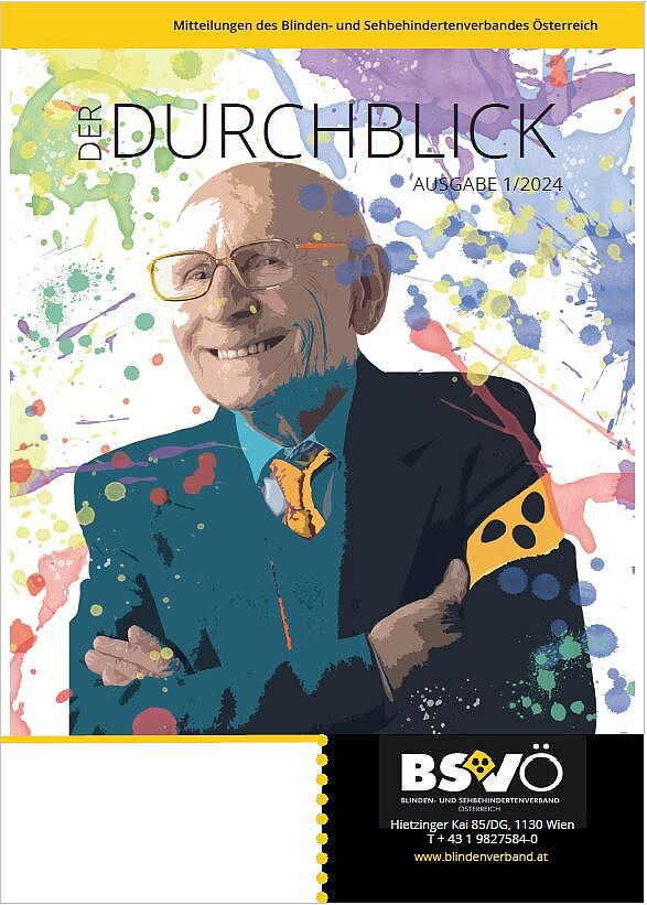 Cover_Der Durchblick 1/2024. Ein Mann mit Sehbehinderung, Dreipunktschleife und breitem Lächeln veschränkt die Arme
