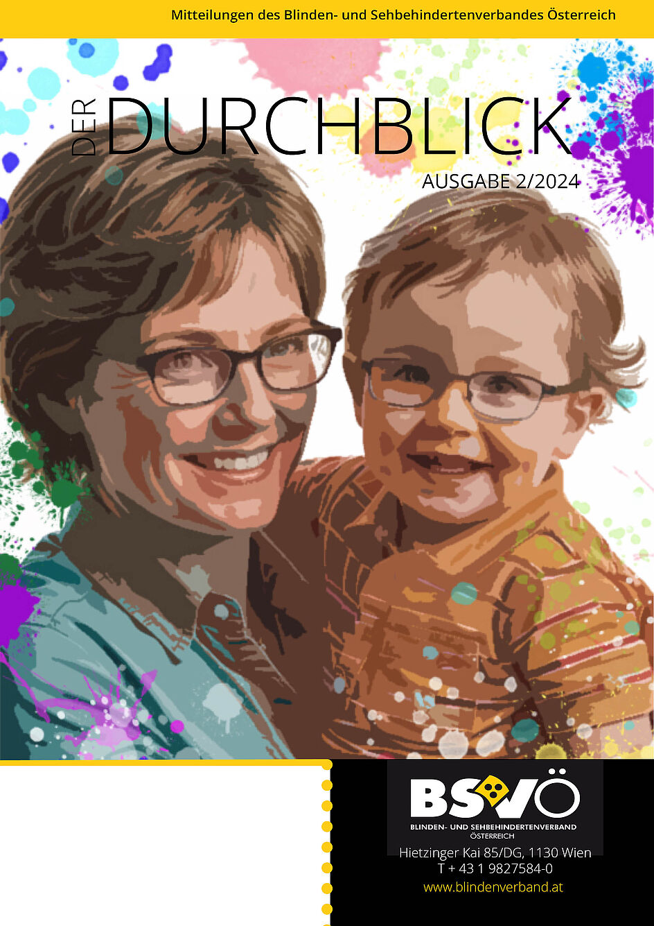 Cover: Der Durchblick 2024_02. Eine Frau und ihr kleines Kind lachen einander zu. Beide tragen eine Sehhilfe, die Frau trägt außerdem die gelbe Dreipunktschleife am Oberar