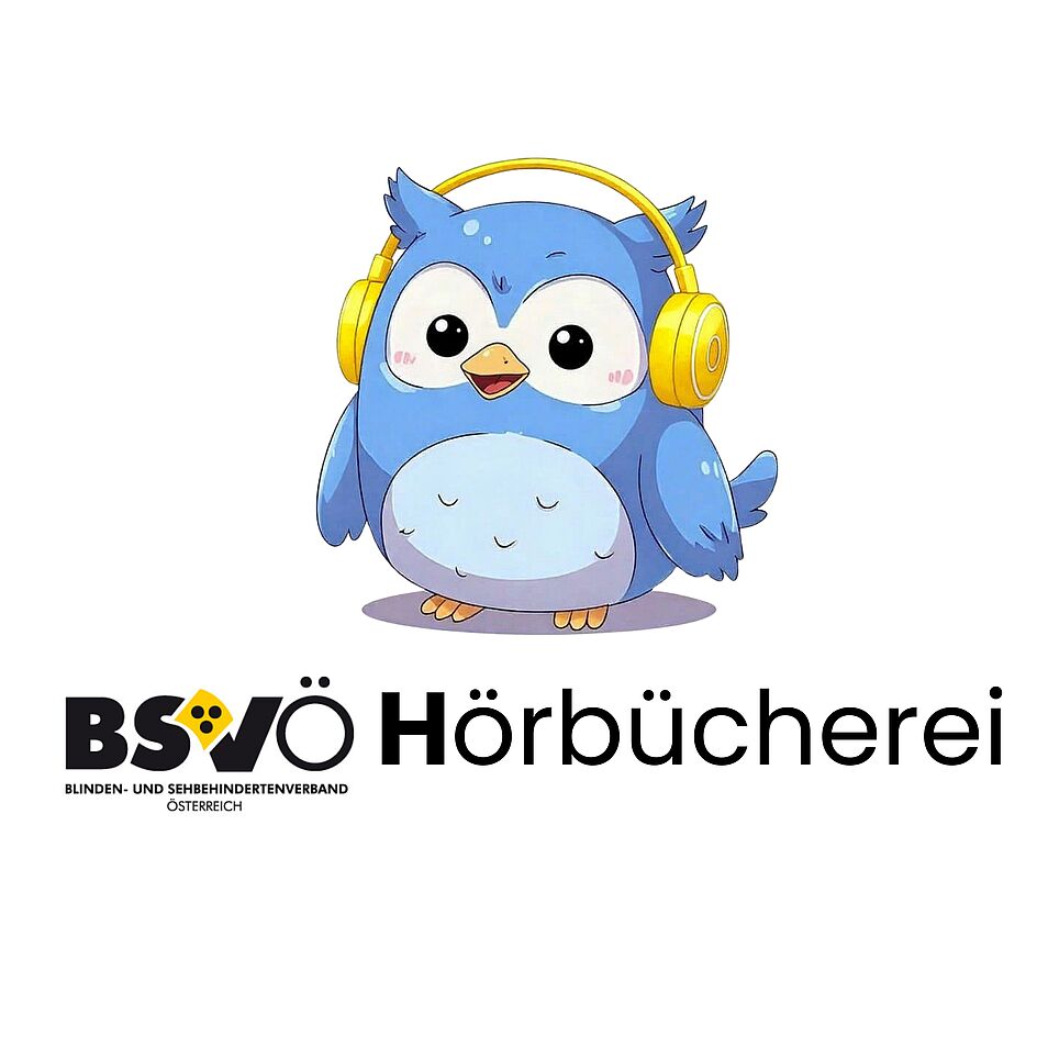 Logo der Hörbücherei. Eine kleine blaue Eule mit geben Kopfhörern