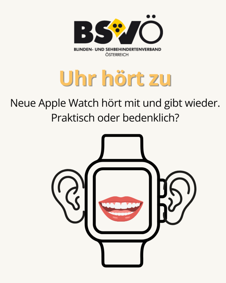 Apple Watch hört mit. Ist das praktisch oder doch bedenklich? Abbildung einer Uhr mit Mund und Ohren