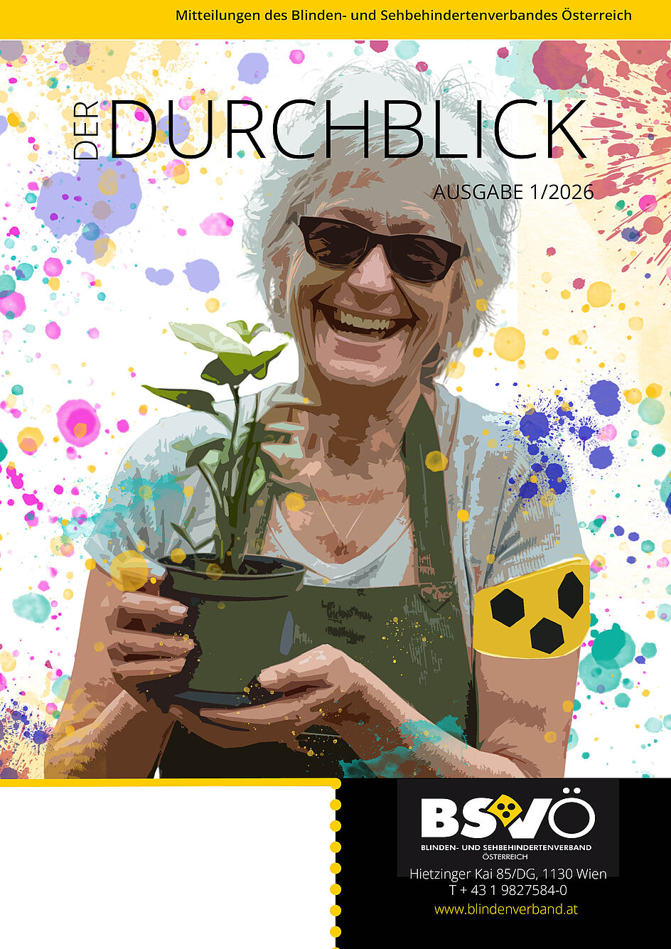 Cover Der Durchblick_01_2026. Eine blinde Frau mit einem Blumetopf und Gärtnerinnenschürze