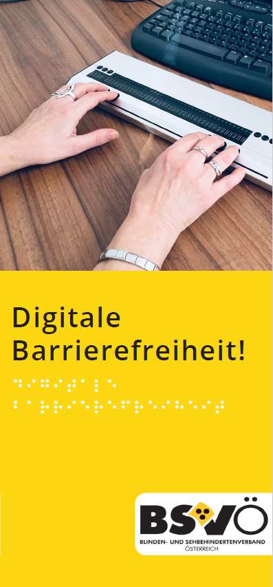 Cover der Broschüre Digitale Barrierefreiheit. Hände auf einer Braillezeile.