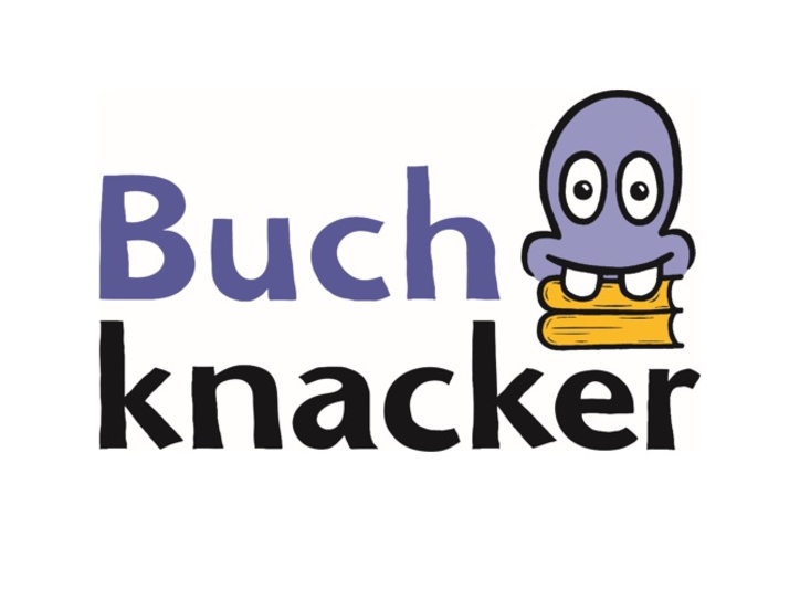 Buchknacker Logo. Schriftzug und ein blaues, freundliches Monster