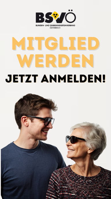 Mitglied werden. Ein jüngerer Mann und eine ältere Frau, beide sehbehindert, lächeln einander an.