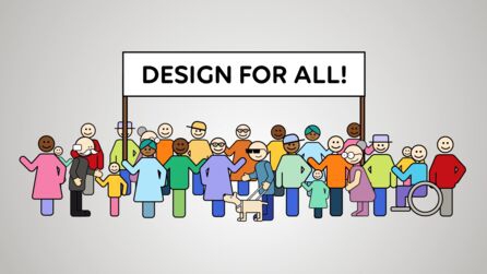 Gruppe an Menschen, ein Schild auf dem steht: Design fo all!