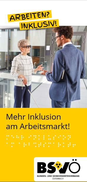 Cover: Broschüre Arbeit. Eine Frau mit Sehbehinderung und ein Mann in einem beruflichem Setting.