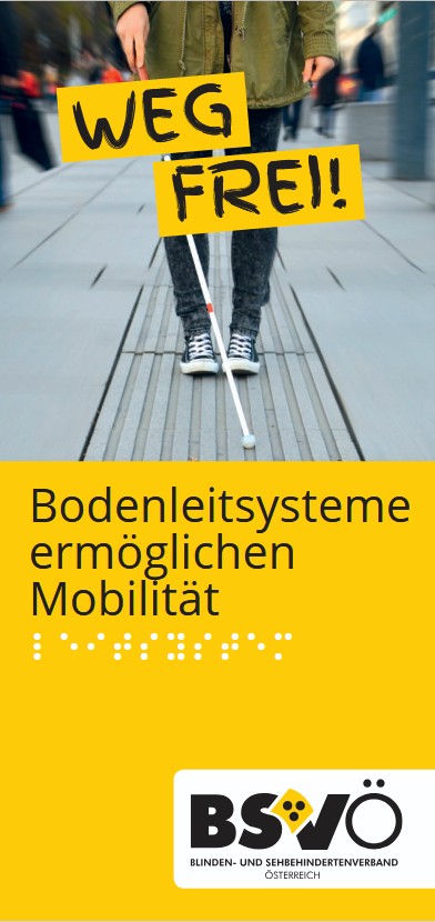 Cover: Taktile Bodenleitsysteme. Abbildung einer Person, die an TBI unterwegs ist.