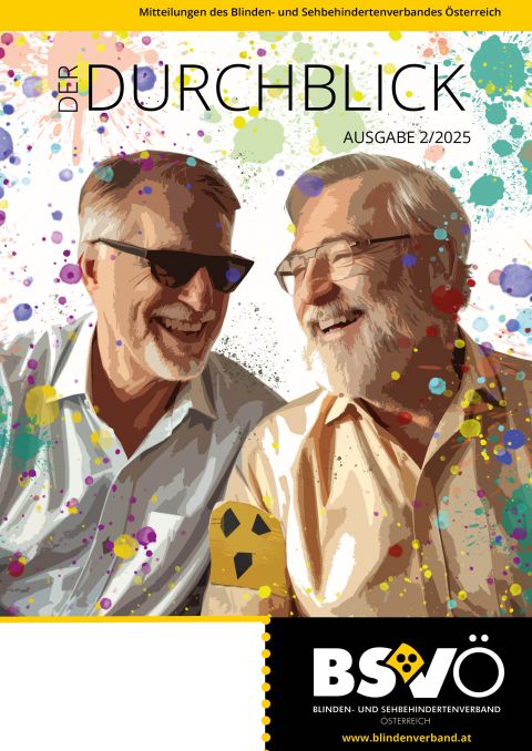Cover "Der Durchblick" 2_2026. Zwei ältere Herren mit Sehbehinderungen neigen lachend die Köpfe zueinander.