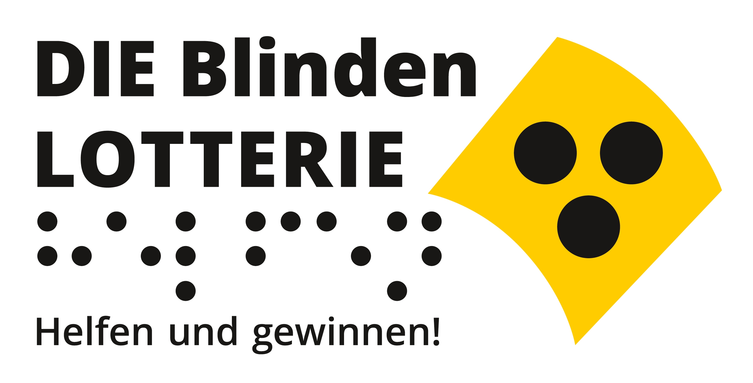 Logo der Blindenlotterie. Die gelbe Dreipunktschleife, Text: Die Blinden Lotterie, darunter den Text in Braillepunktgrafik