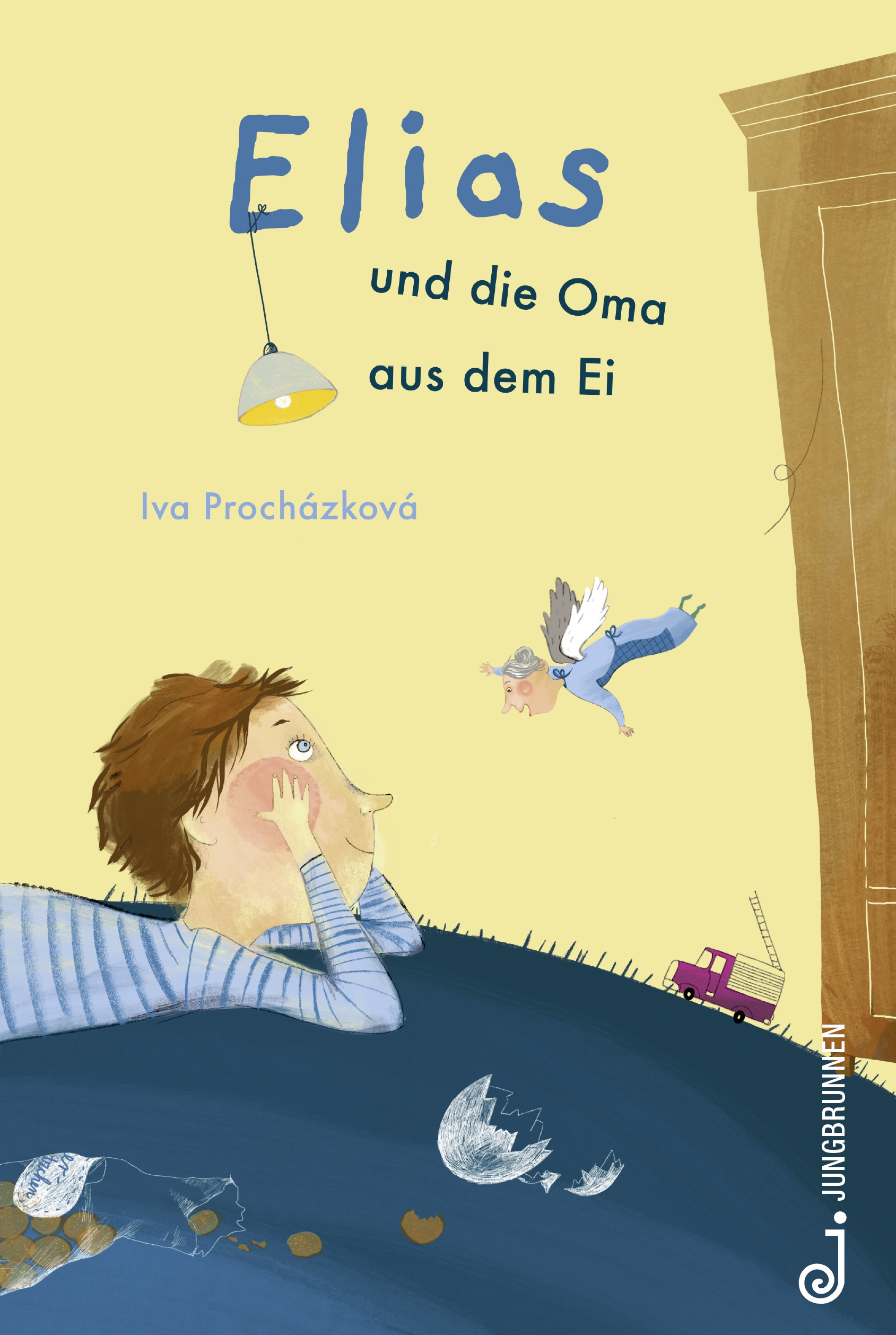 Cover: Elias und die Oma aus dem Ei. Zeichnung eines Jungen mit großen roten Backen. Er liegt am Bauch, vor seiner Nase schwirrt die Oma mit kleinen weißen Flügeln.