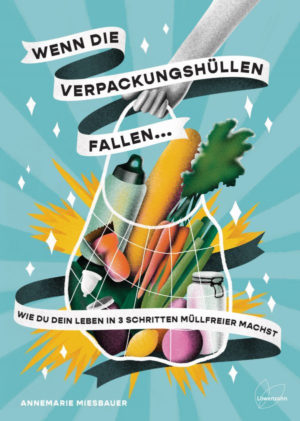 Cover: Wenn die Verpackungshüllen fallen. Wie du dein Leben in 3 Schritten müllfreier machst Eine Hand trägt ein Netz mit Lebensmitteln.