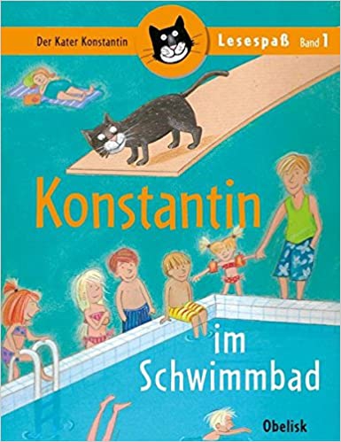 Cover: Kater Konstantin. Bunte Zeichung des schwarzen Katers auf dem Sprungbrett, im Wasser sind viele Kinder ©obelisk
