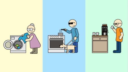 Grafik: Eine ältere Person zieht einen Pullover aus der Waschmaschine, ein Mensch mit Blindenführhund kocht am Herd, eine Person mit Brille bedient sich am Kaffee-Automaten. Alle lächeln zufrieden ©Home designed for all